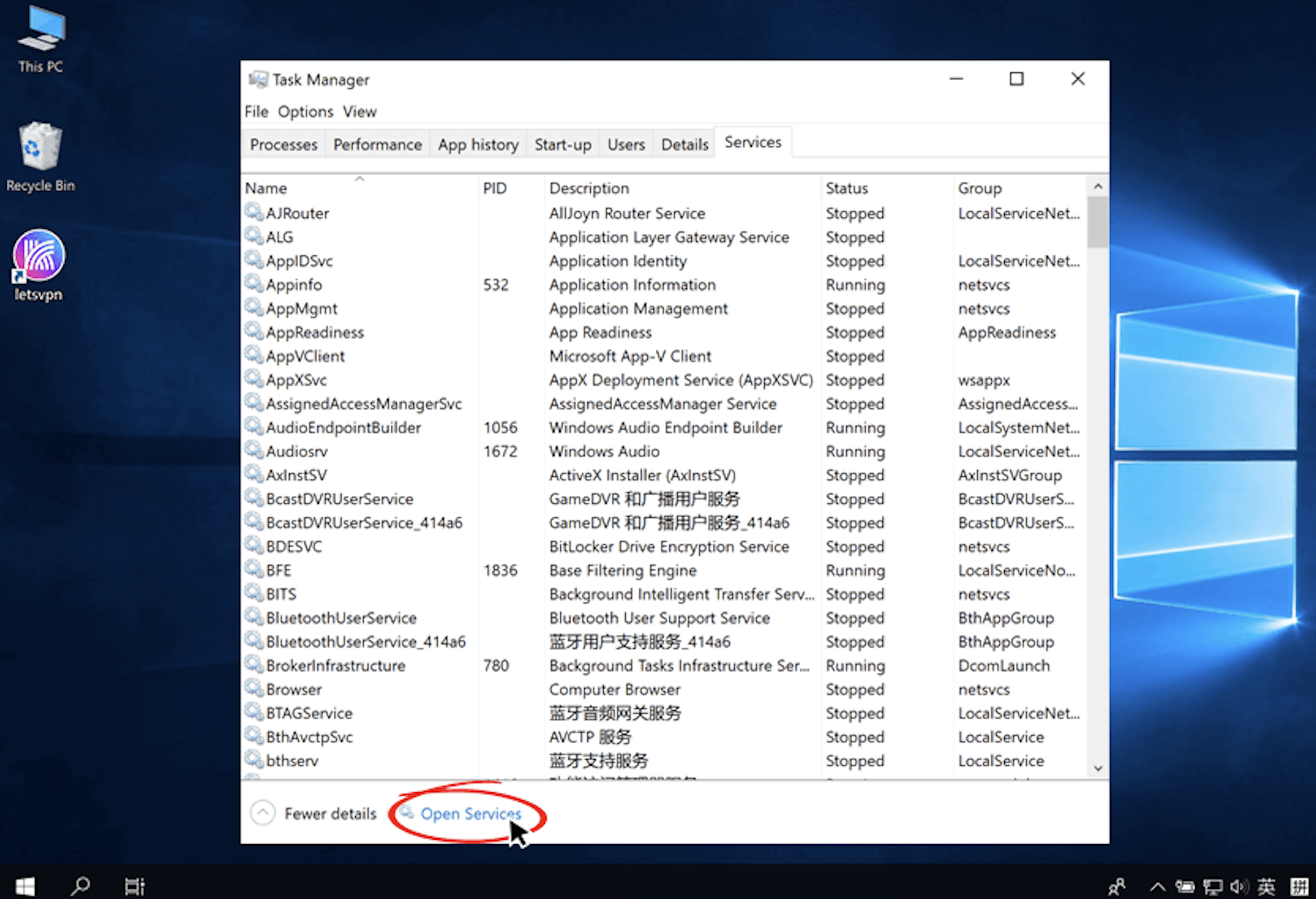 Open Services from Task Manager