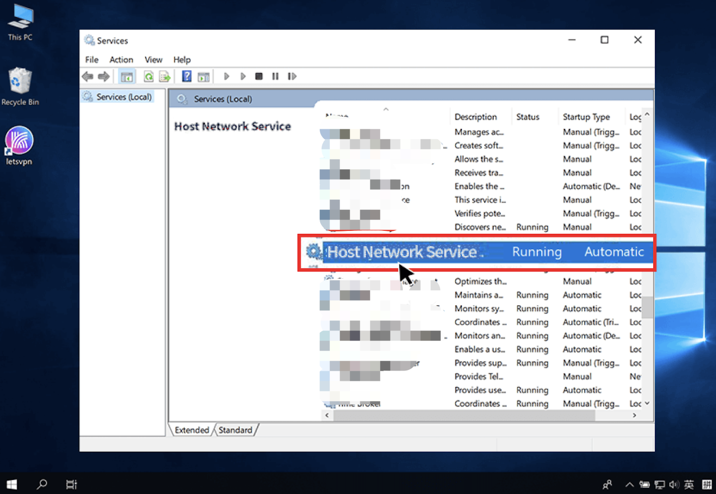 Find Host Network Service in Services list