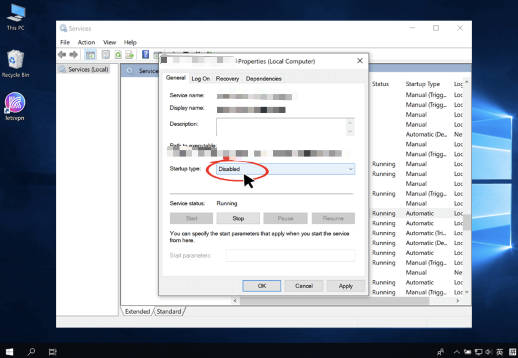 Set Host Network Service startup type to Disabled