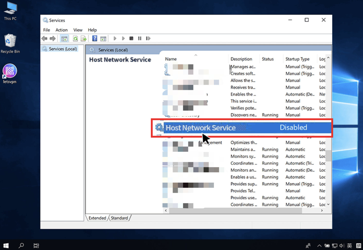 Host Network Service is disabled