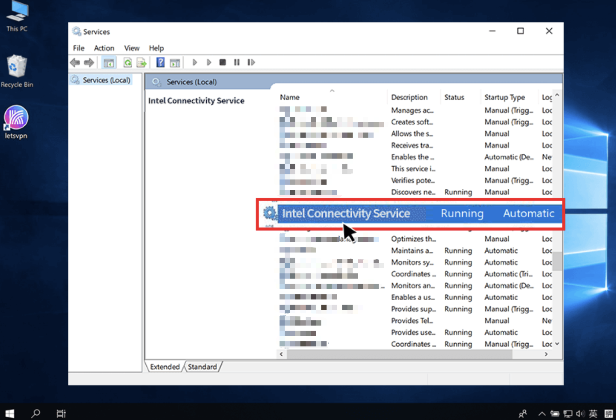 Find Intel Connectivity Service in Services list