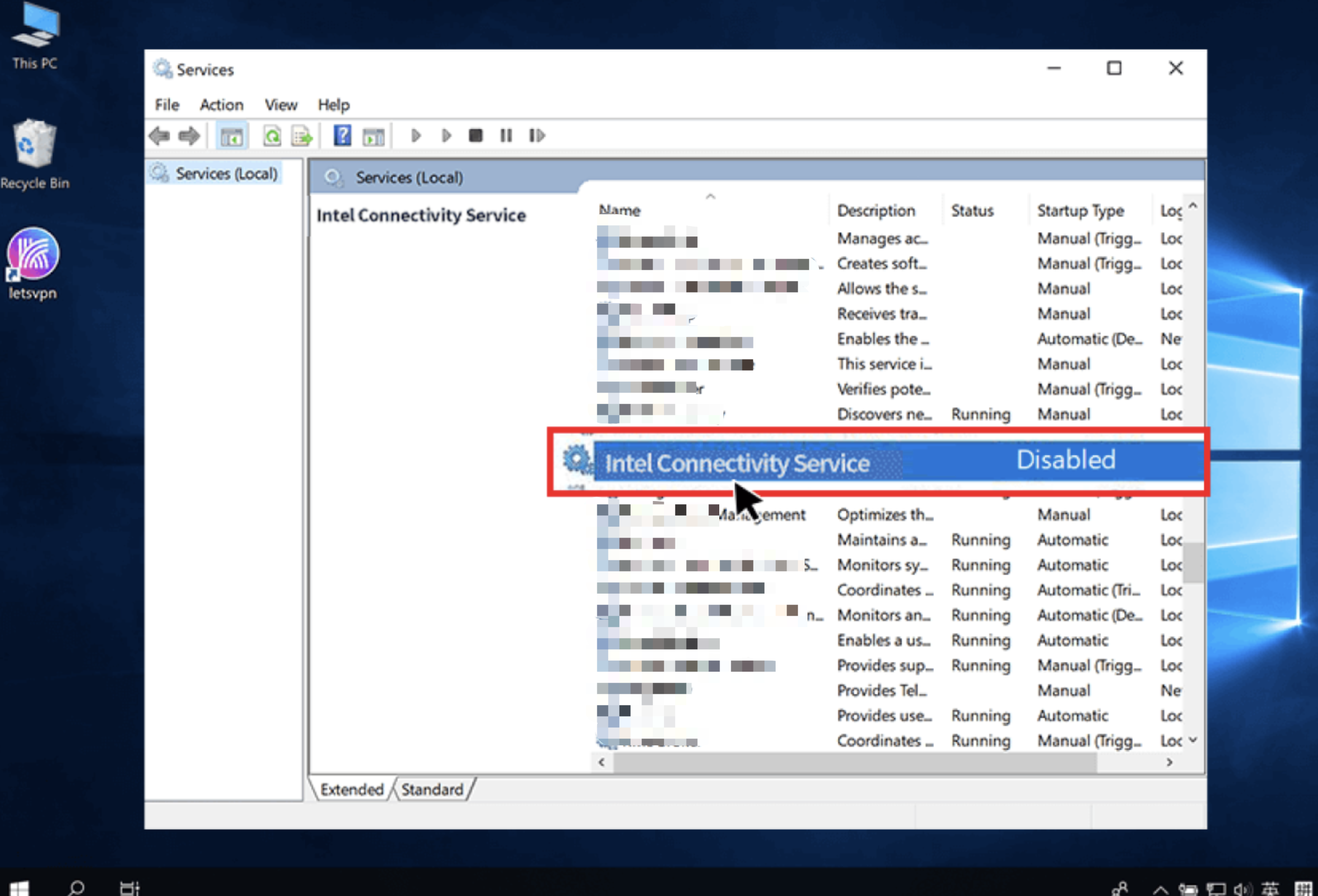 Intel service disabled successfully