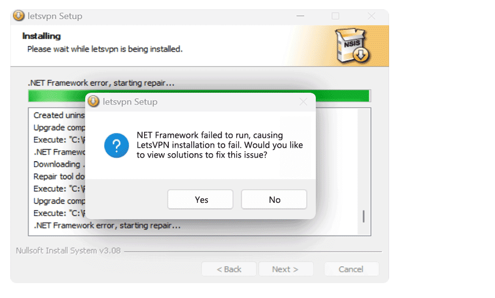 LetsVPN Installation Error Prompt