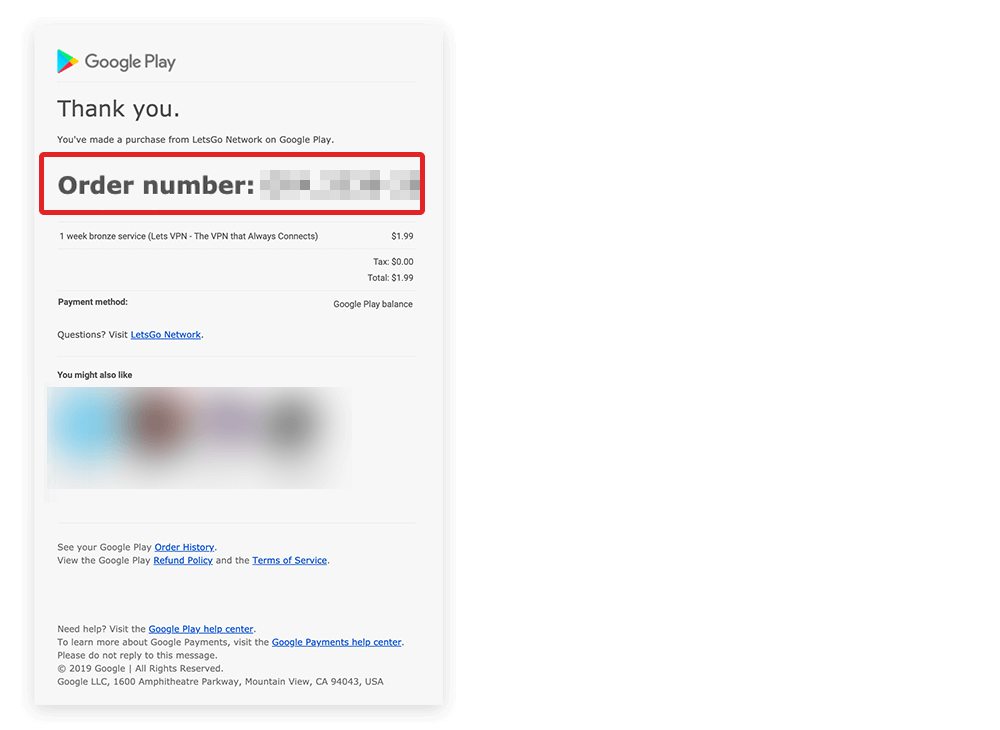 Google Play receipt showing the Order number.