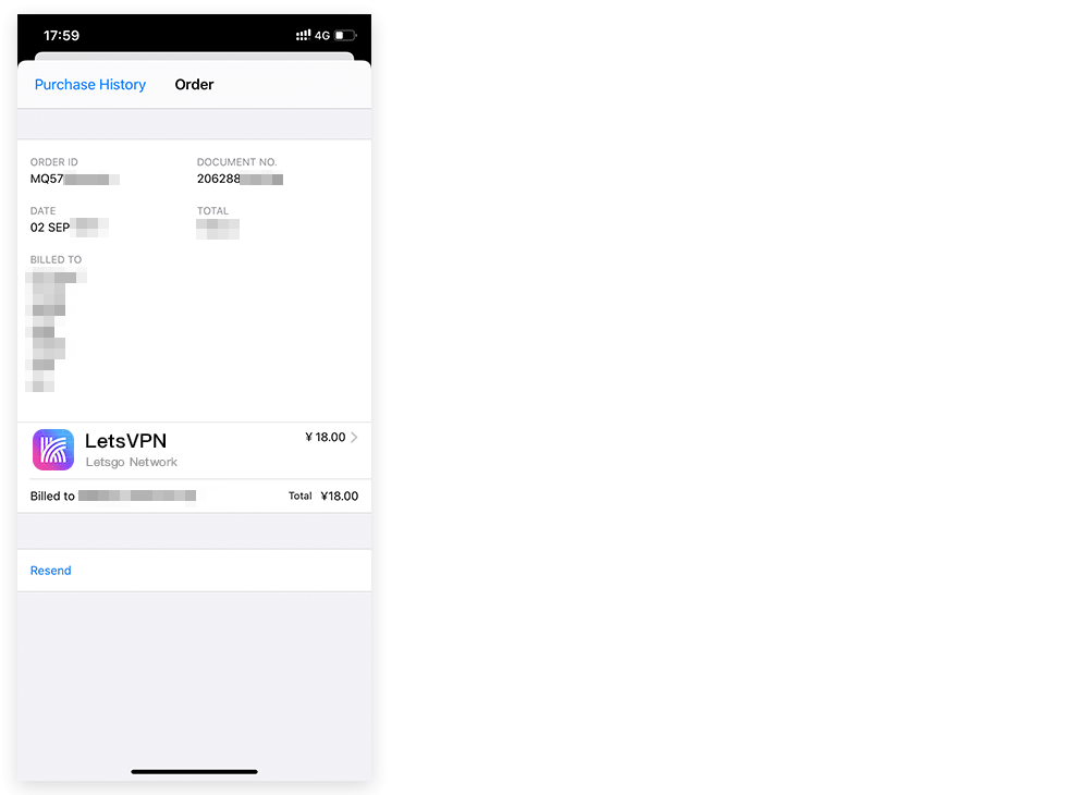 Apple Purchase History showing an order for LetsVPN.