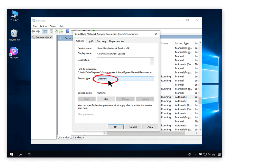 Disable SmartByte startup type